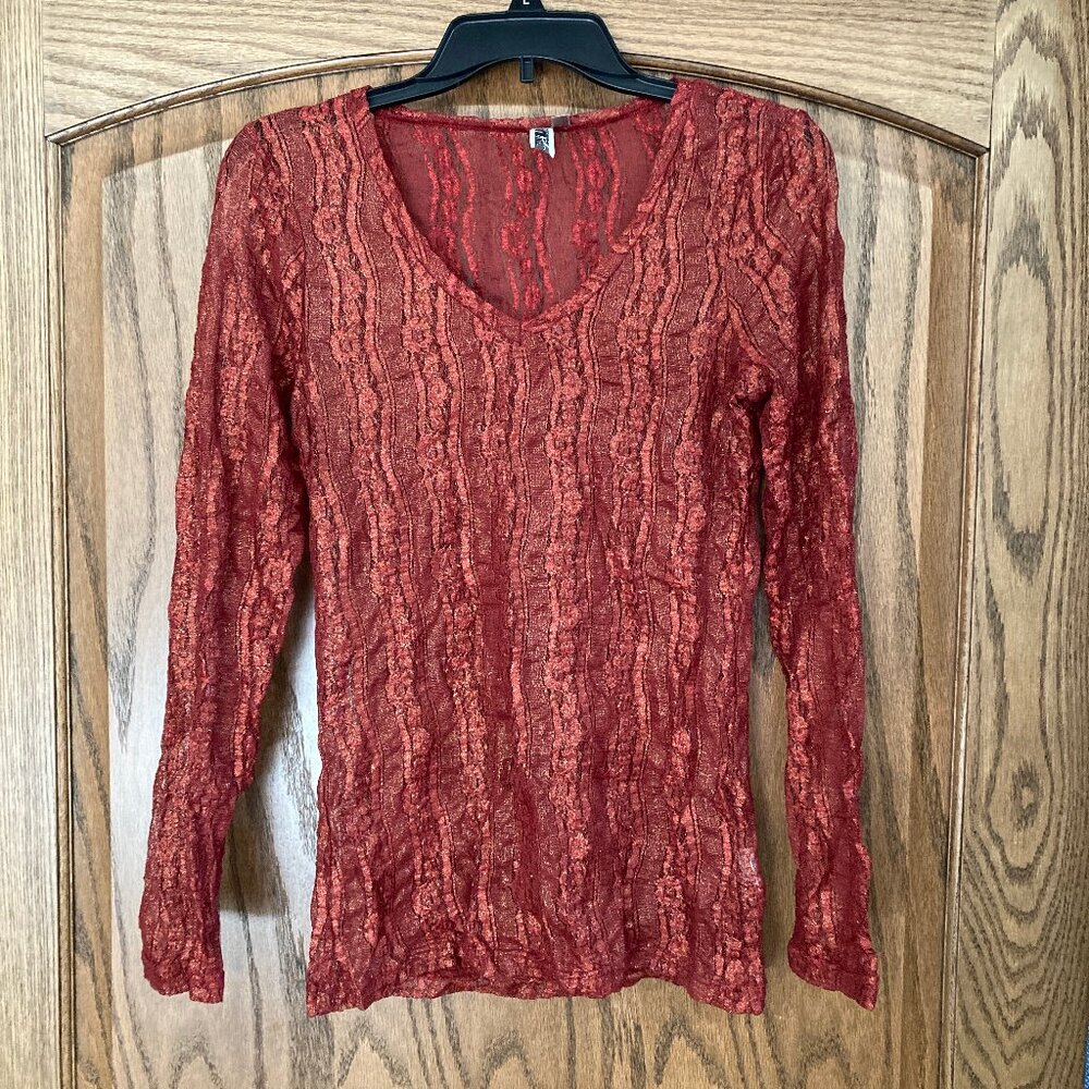 BKE Red Lacy Top, Long Sleeve for Layering
